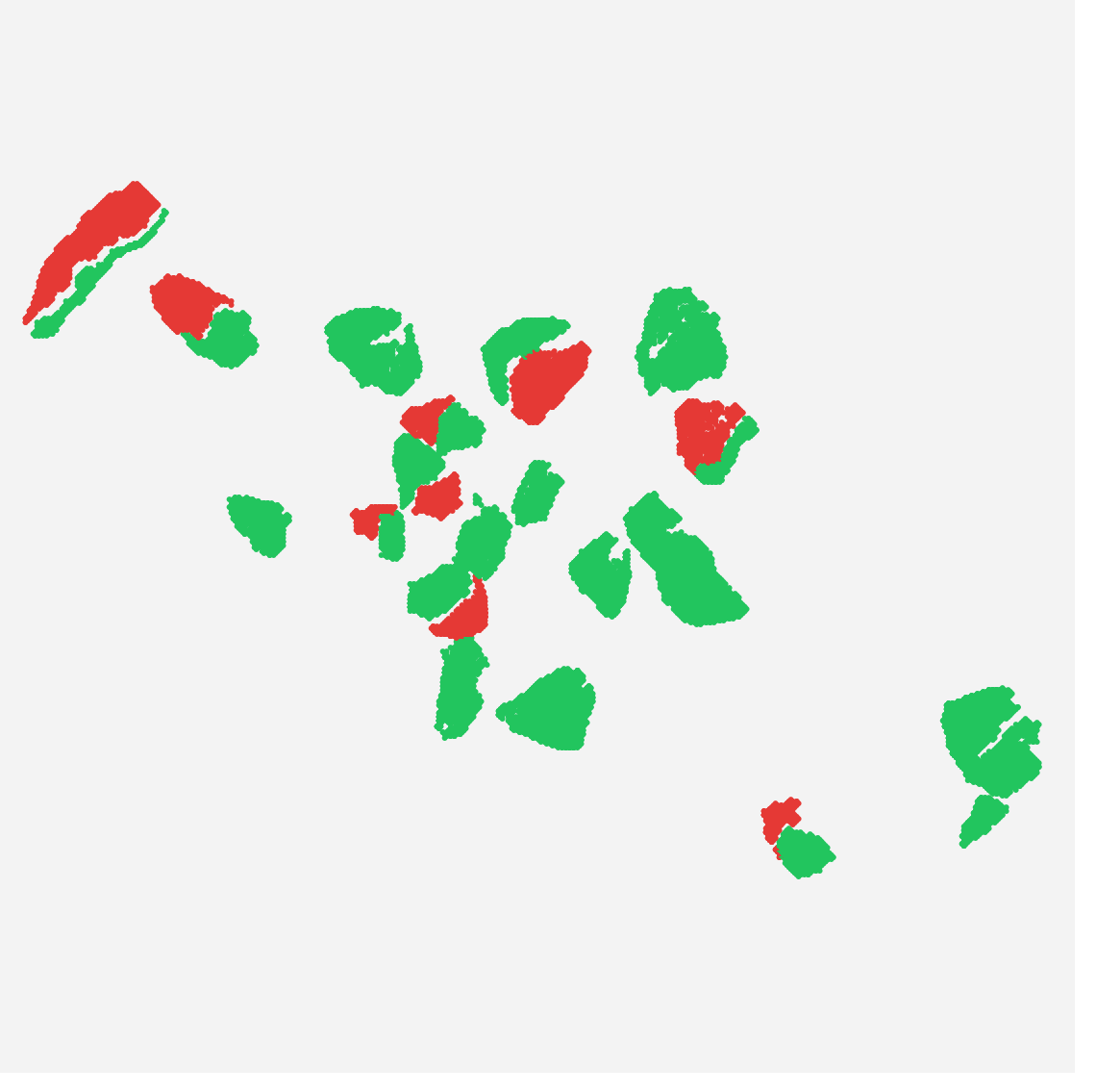 Open3DIS correctness map, with correct fragments in green and incorrect or extra splits in red