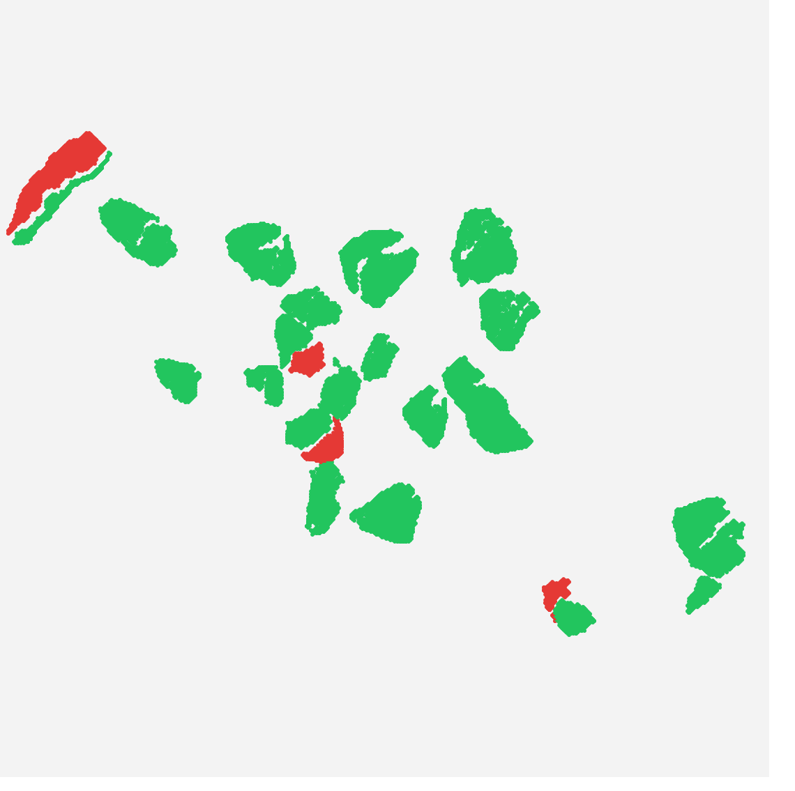 PTv3 correctness map, with correct fragments in green and incorrect or extra splits in red